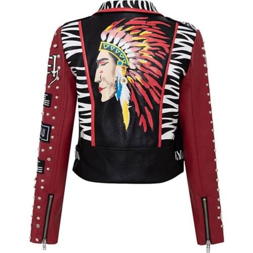 Indian Cultural Pattern Faux Leather Short Jacket Women Punk Style Graffiti Studded Rivet Fashion High Waist Motorcycle Jacket