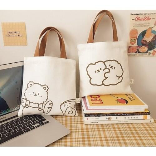 Kawaii Women Mini Canvas Handbag Cute Bear Small Simple Tote Cartoon Cotton Cloth Phone Bags For Shopping Purse For Girls