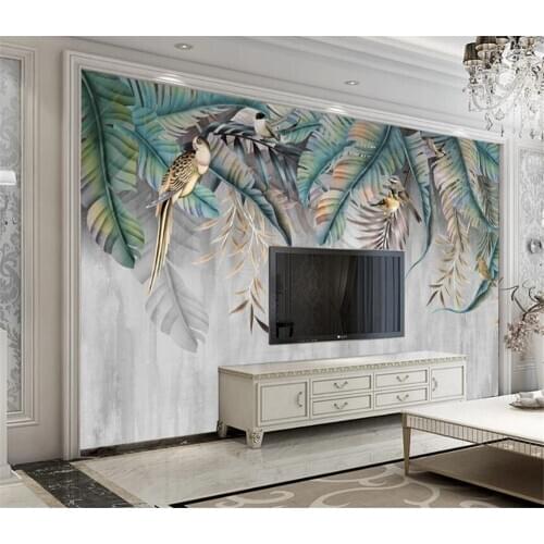 Milofi custom large mural wallpaper Nordic plants leaves flowers and birds TV background wall photo decorative painting