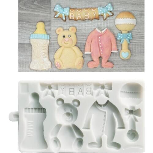 Minsunbak Cartoon Teddy Bear Fondant Silicone Mold Cute Clothes And Bottle Chocolate Baking Tools Cake Decoration