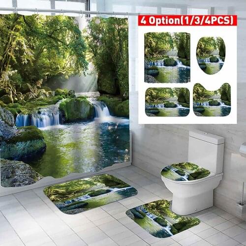 Green Forest Waterfall Bathroom Non-slip Mat Set Durable Waterproof Shower Curtain Set Pedestal Rug Lid Toilet Cover Bath Mat