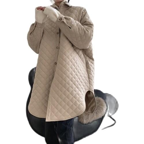 Autumn Winter Cotton Jacket Womens Simple Shirt-style Cotton-Padded Jacket Women Mid-Length With Lapel Over Quilting Outwear