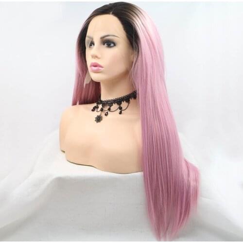 Pink Color Wigs Long Straight Synthetic Hair Lace Front Wigs Dark Roots Natural Hairline Cosplay Part Lace Frontal Wigs For Girl