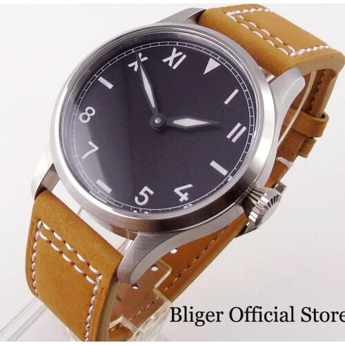 Dress California Mechancial 42mm Manual Men Watch Green Sterile Luminous Dial Brushed Case Genuine Leather Band 17 Jewels 6497