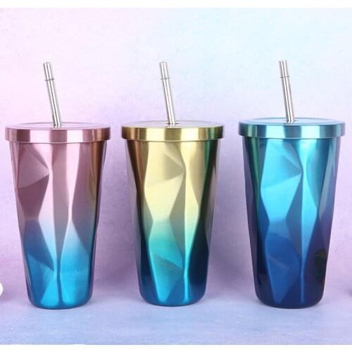 Popular Creative Stainless Steel Vacuum Straw Cup Diamond Business Household Insulation Cup Gradient Water Cup Modern Simplicity