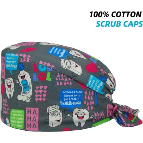 Clearance Scrub Caps Teeth Printing Scrubs Hat Pure Cotton Women Men Dust Proof Veterinarian Chef Work Nursing Surgicals Caps