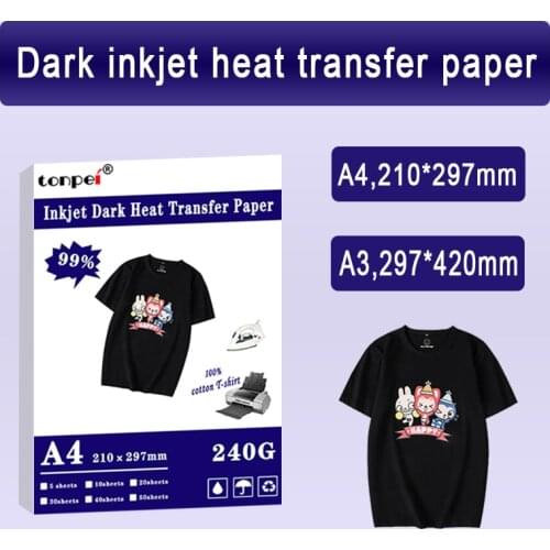 A3 A4 Iron On T Shirt Heat Transfer Paper For Dark Color 100% Cotton Fabrics Cloth Inkjet Printing Design For DIY Gifts