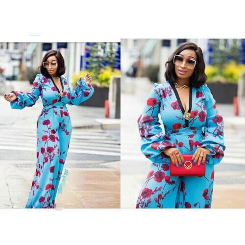 Tilapia 2018 new arrivals maxi women jumpsuit lantern sleeve empire waist no stretch wide leg pants casual sexy V neck jumpsuit