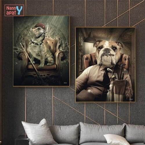Vintage Animal Poster Mafia Dog Sit On Sofa with Billiard Cues Modern Art Canvas Painting Classical Wall Art Home Decoration