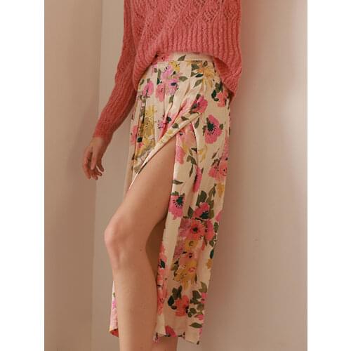 Glow Pleated Midi Skirts Women Summer High Waist Split Hem Sexy Floral Skirt Flowers Dignified Elegant Long Skirts Jupe Femme
