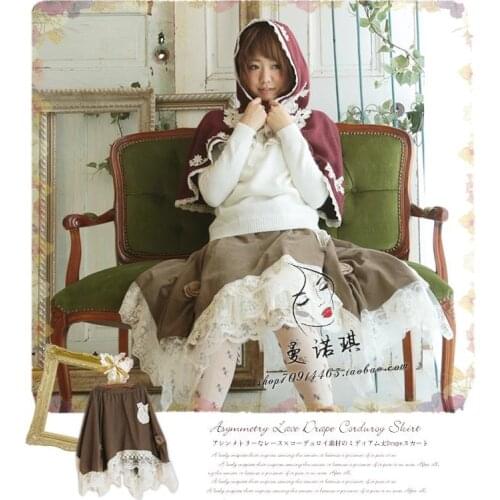 Mori girl hippie boho vintage retro Autumn winter thick irregular lace patchwork ruffle velent elegant women corduroy skirt