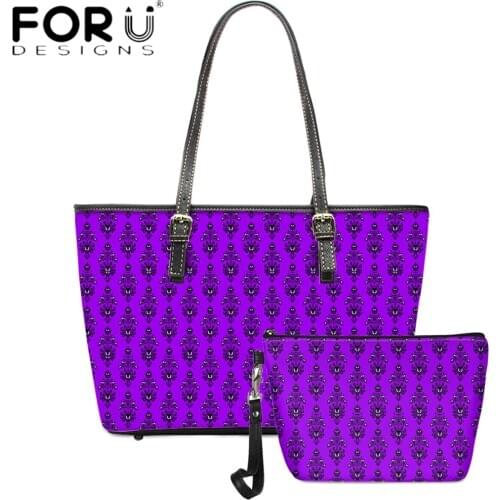 FORUDESIGNS Luxury Designer Lady PU Leather Shoulder Bag 2pcs Set Purple Color Haunted Mansion Printing Women Handbags Bolsa