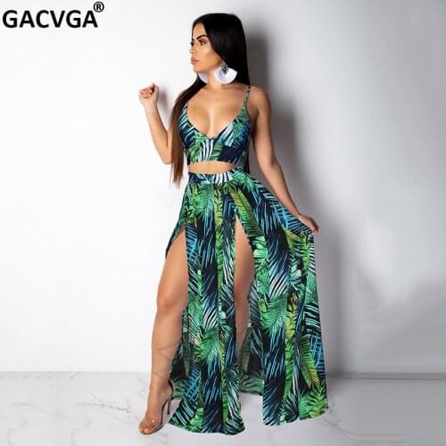 GACVGA 2021 Print Sexy Maxi Dress Sets Sleeveless Crop Top and Loose Long Skirt Two Piece Set Women Beach Outfit Jupe Femme Traf