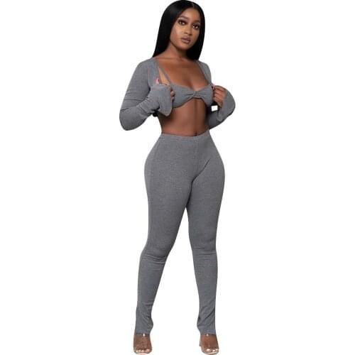 2021 Autumn Winter Women Sport Fitness 2 Two Piece Set Outfits Long Sleeve Solid Crop Tops Leggings Pants Set Bodycon Tracksuit