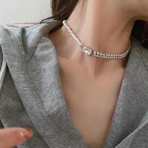 VSnow Unique Design Double Layer Square Cubic Zircon Pearl Chokers Necklace for Women Girls Textured Asymmetric Necklace Jewelry