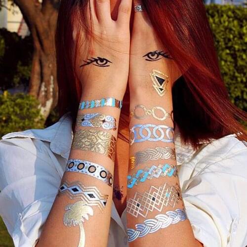 Golden Women Waterproof Temporary Tattoo Fashion Bride Girl Hand Ankle Flash Fake Tatoo Body Art Transfer Tattoo