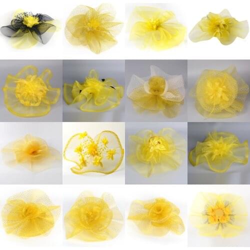 23design Handmade Yellow Fascinators Flowers Church Hat Lace Feathers Veils Hair Clips Cocktail Weddings Party Women Hairpiece