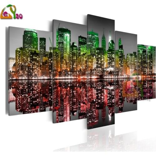 5D DIY Diamond Painting 5 pcs Colour brightness City Reflection Landscape Full Square Diamond Embroidery Pictures Crafts Kit