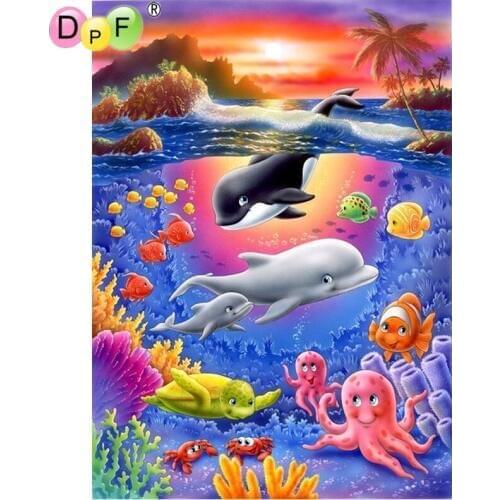 DPF 5D Round full Diamond painting Cross Stitch Diamond Embroidery Needlework Cartoon whale dolphin diamond Mosaic decor crafts