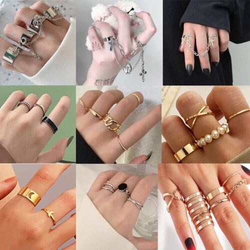 Exknl Punk Cool Hip Hop Multi Layer Adjustable Chain Four Fingers Combined Ring Rotate Rings Women Gothic Party Street Jewelry