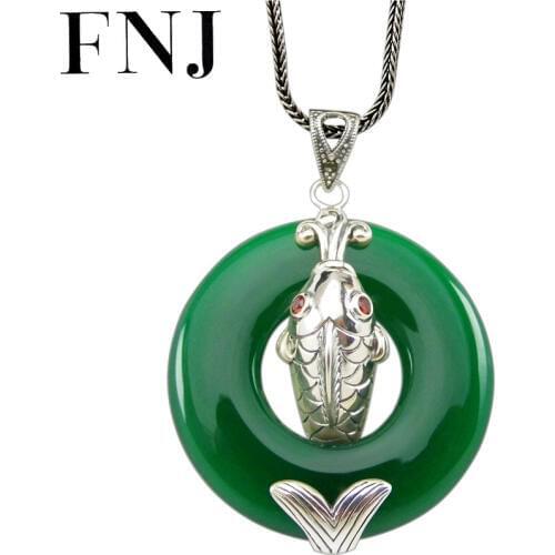FNJ 925 Silver Fish Pendant Original Pure S925 Thai Silver Pendants for Jewelry Making Women Red Zircon Green Agate Round Stone