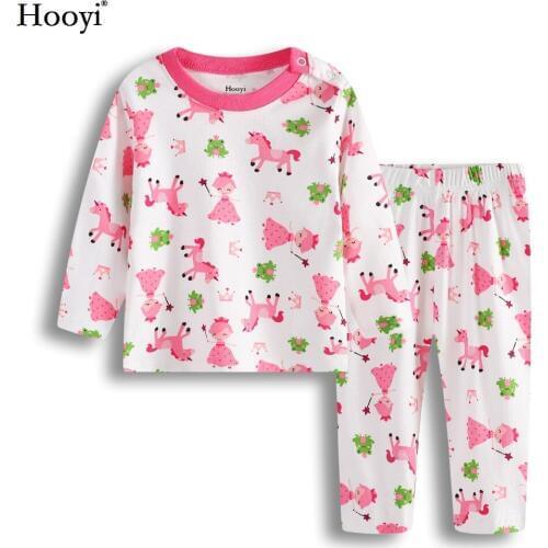Hooyi Pink Princess Baby Girl Clothes Sets Infant Pajamas Clothing Suit T-Shirt Trouser Suit Horse Girls Sleepwear 100% Cotton