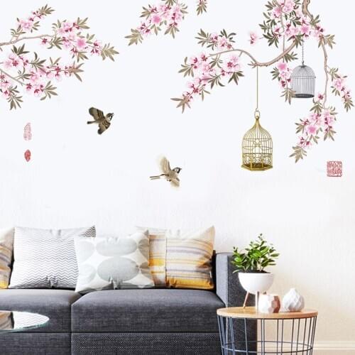 Flower Bird Birdcage Wall Stickers Self Adhesive Vinyl Wallpaper Living Room Bedroom Wall Decor Home Decoration Accessories
