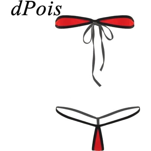 2Pcs Sexy Womens Exotic Lingerie Bikini Sets Strapless Tie-on Minimal Cover Micro Tube Bra Top with G-String Thong Briefs Bottom