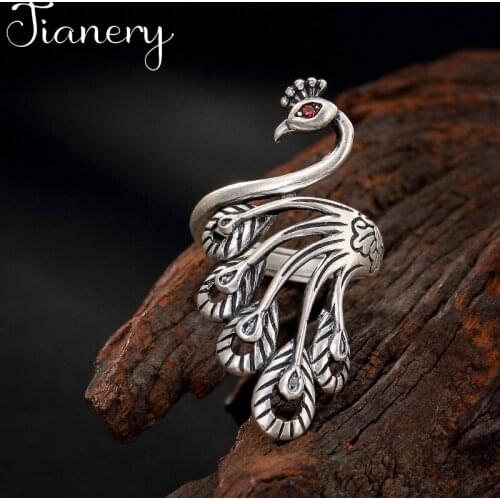 Personality Gothic Vintage Crystal Peacock Rings For Women Bridal Wedding Engagement Punk Resizable Antique Rings Rock Jewelry