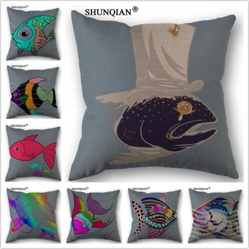 Linen Cotton Colorful fish Pillow Cover Custom Print Home Decorative Throw Pillows Cases 45x45cm one side WJY4111