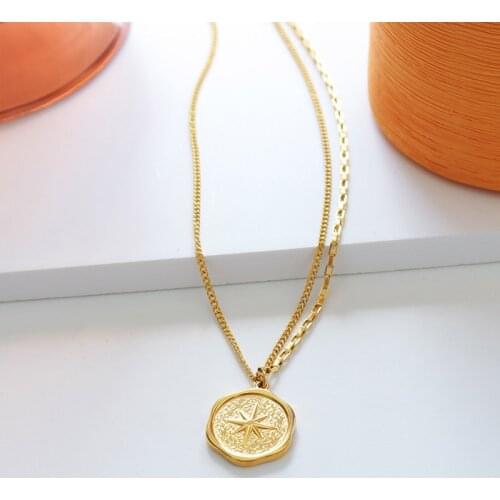 Statement Stainless Steel Jewelry Vintage Round Star Charms Layered Link Chain Choker Necklace Pendant For Women Wholesale