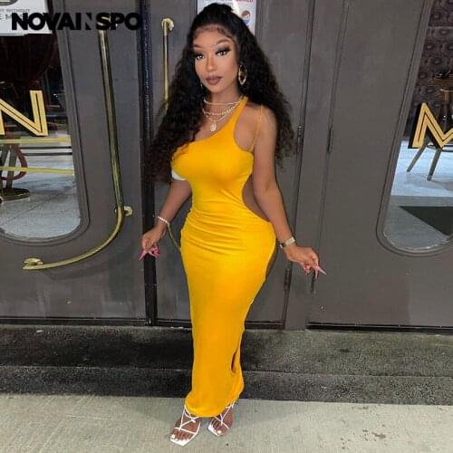 NOVAINSPO Cut Out One Shoulder Sleeveless Irregular Maxi Dress Casual Workout Mid Waist Streetwear Women Solid Outfits 2021