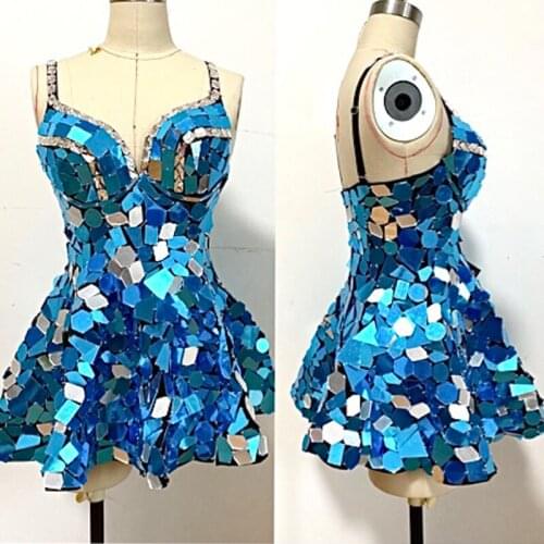 2021 New Mirror Sling Dress Women Lens Short Dresses Jumper Nightclub Stage Performance Costume Rave Wear Gogo Costumes XS2301