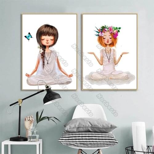 Modern Style Canvas Poster and Print Minimalist Picture Cartoon Pretty Girls Doing Yoga for Living Room Bedroom Wall Decoration