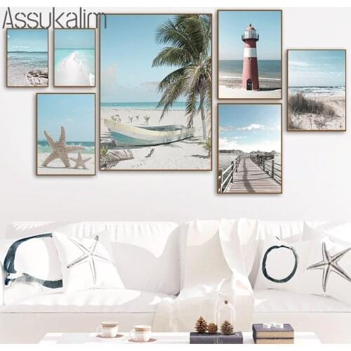 Blue Sky Landscape Poster Beach Palm Tree Wall Art Painting Lighthouse Canvas Print Nordic Wall Pictures For Living Room Decor