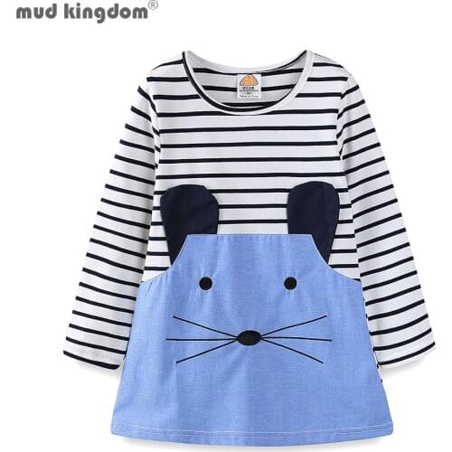 Mudkingdom Little Girls Dress Cartoon Mouse Striped Long Sleeve Cute Kids Casual Clothes Autumn Girl Dress 2 to 7 Years