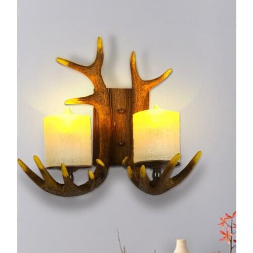 LED Resin Wall Lamp Antler Retro Double Head Horn Wooden Decorative Sconce Bar Restaurant Foyer Study Corridor Branch Lighting