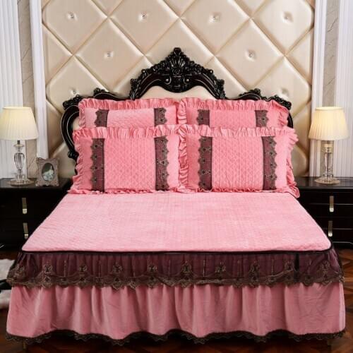 Thickened warm crystal wool quilting Bedspread Fitted Sheet Pillowcases Cotton 2/3pcs Solid Princess Lace Bedding