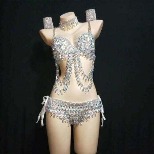 Y29 Female sexy pole dance dress stage wears diamonds bikini rhinestone bodysuit Sparkly Performance Bra set DJ costume clothes