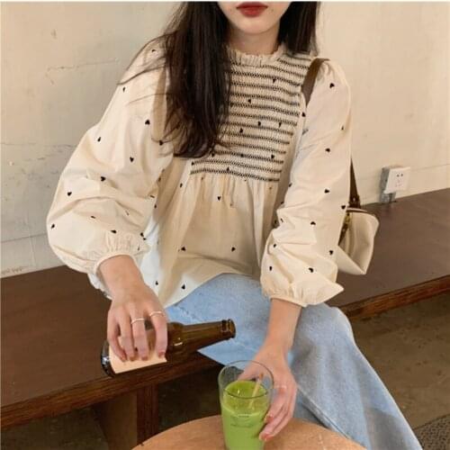 KoukuMa Women Blouse Sweet Printing Splicing Tops Lantern Sleeve French Style Lady Blouse 2021 Autumn New O-Neck Shirts KM865