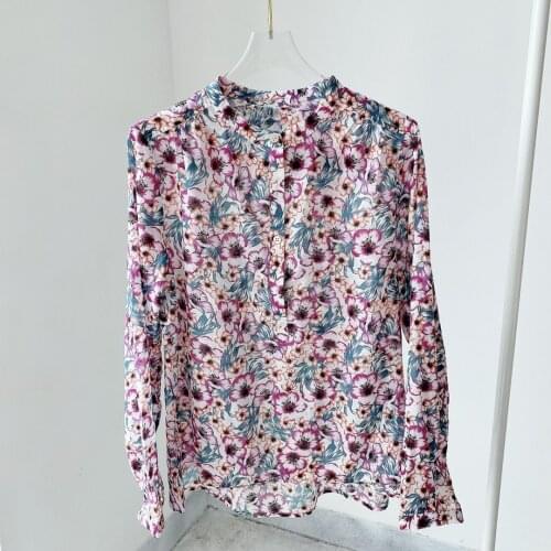 2021SS Woman Floral Print Cotton Shirt O Neck Long Sleeves Front Buttons Fashion Blouse Tops