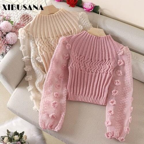 XIBUSANA Women Knitted Short Shirts Patchwork Mesh Elegant 2021 Spring Autumn Female Long Sleeve Casual Knitting Pullover Tops
