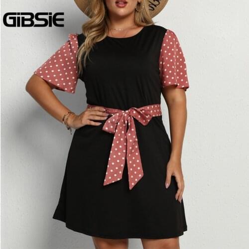 GIBSIE Plus Size O-Neck Polka Dot Short Sleeve Belted Dress xxxl 4xl Women Sweet Casual Summer Black A-line Mini Dresses Female