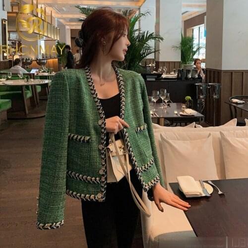 New Womens 2021 Autumn New Korean Slim Temperament Single Breasted V-neck Tweed Short Coats Jackets Women Clothes Femme