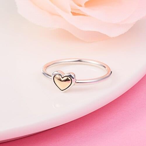 100% Real 925 Sterling Silver Rings for Women Domed Golden Heart Ring Original Jewelry Wedding Party Gift (14K Gold ) 2021 New