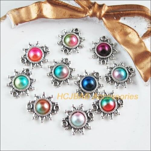 30 New Sun Charms Tibetan Silver Tone Retro Mixed Colored Acrylic Flower Connectors 14x14.5mm