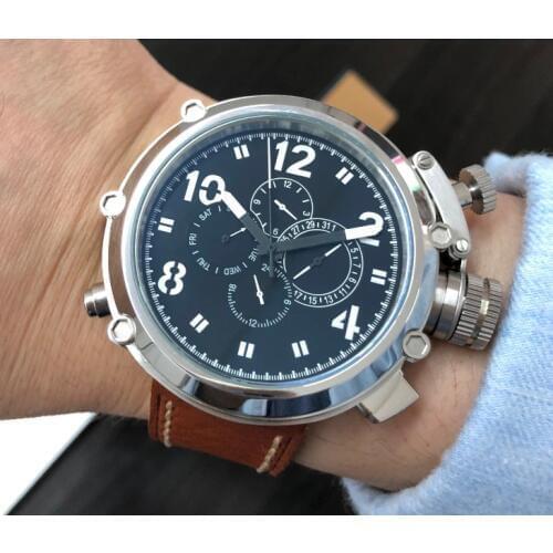 50mm GEERVO right hand style crown black dial Automatic Self-Wind movement Auto Date Mens watch cow Leather strap gr208-g8