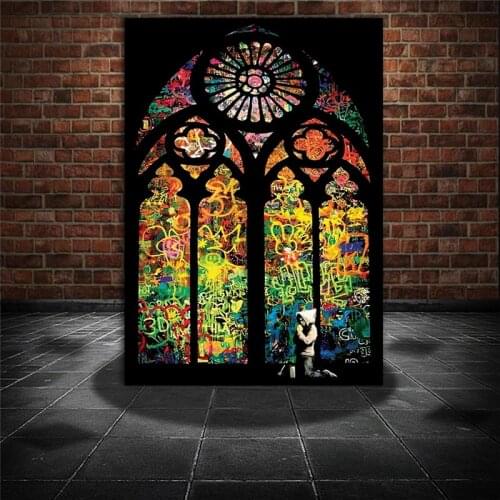 Banksy Stained Glass Window Church Canvas Painting Moder Prints and Posters Cuadros Wall Art Pictures for Living Room Home Decor