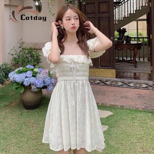 Cotday Korea A-line Beach Print Bow Slash Neck Cute White Slash Neck Flowee Mimi Short Dress Slim Preppy Women Dress