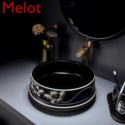 Jingdezhen Hand Carved Lotus Table Basin Ceramic Artistic Wash Basin Chinese Retro Wash Washbasin Household